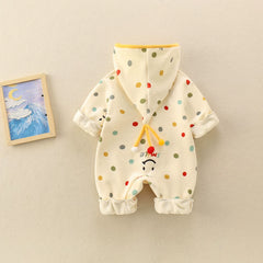 Back view of cream polka dot hooded baby romper