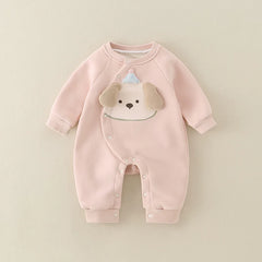 Pink fleece-lined baby romper with puppy applique and snap legs