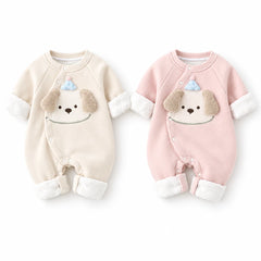 Apricot and pink puppy applique baby rompers side by side