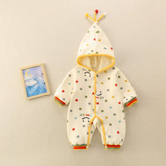 Polka dot baby romper with pointed hood and striped cuffs