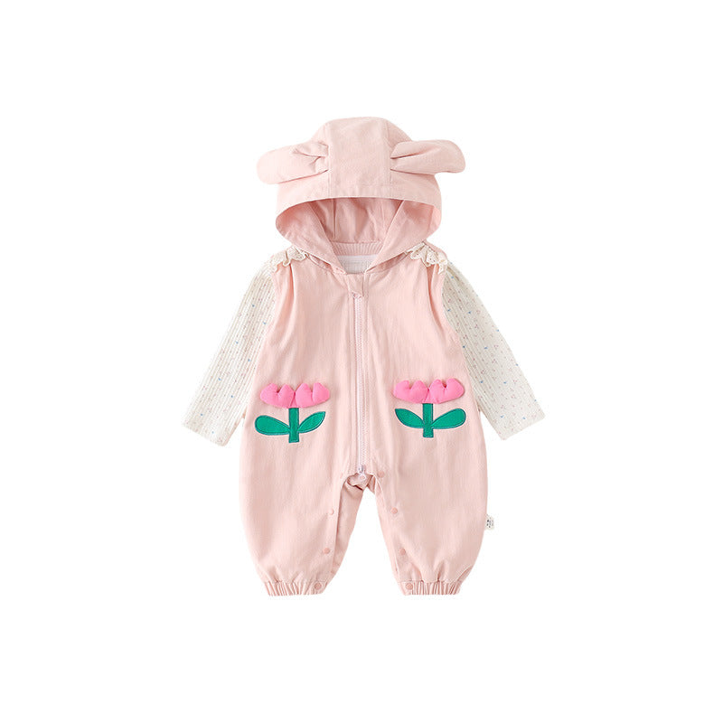Baby Girls Long-Sleeve Hooded Floral Romper Overall Set