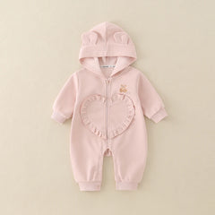 Pink baby romper with bear-ear hood and ruffled heart pocket