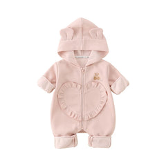 Pink baby romper with heart pocket on white background