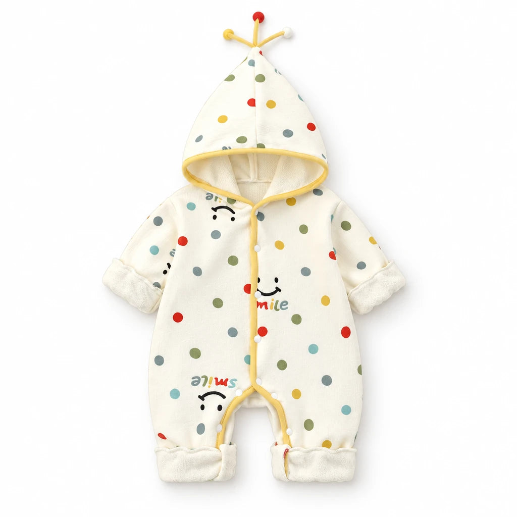 Cream polka dot hooded baby romper, front view
