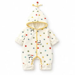 Cream polka dot hooded baby romper, front view