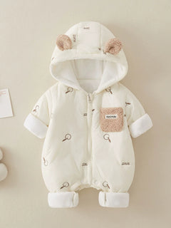 Ivory hooded baby romper with sherpa pocket and fleece cuffs