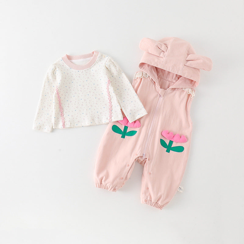 Baby Girls Long-Sleeve Hooded Floral Romper Overall Set