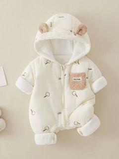 Fleece-lined ivory baby romper with teddy ears
