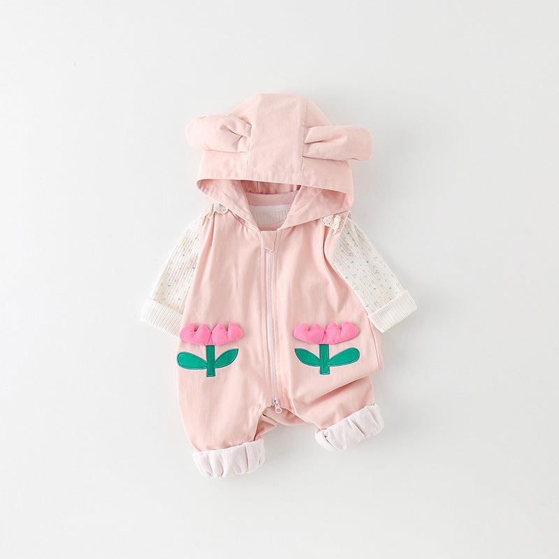 Baby Girls Long-Sleeve Hooded Floral Romper Overall Set