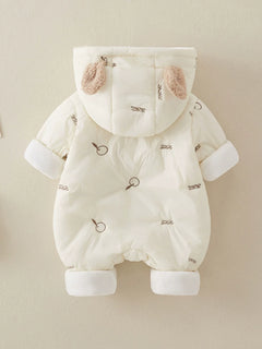 Back view of ivory hooded baby romper