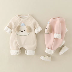 Apricot and pink puppy baby rompers with white sneakers