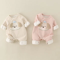 Two puppy baby rompers in apricot and pink