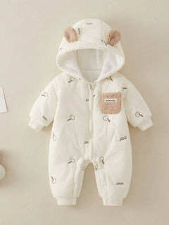 Ivory teddy ear hooded baby romper, front view