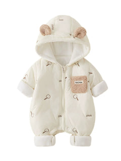 Ivory zip baby romper with fold-over fleece cuffs