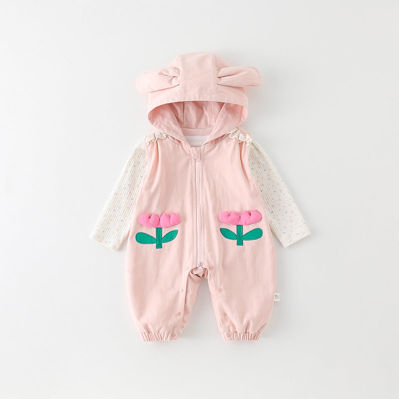 Baby Girls Long-Sleeve Hooded Floral Romper Overall Set
