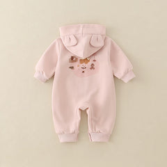 Back view of pink hooded baby romper