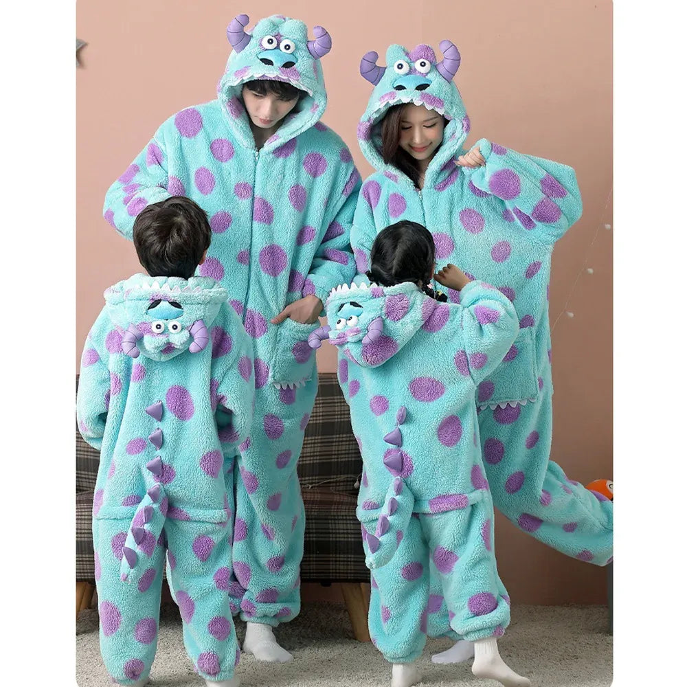 Unisex Family Monster Warm Fleece Cosplay Jumpsuit
